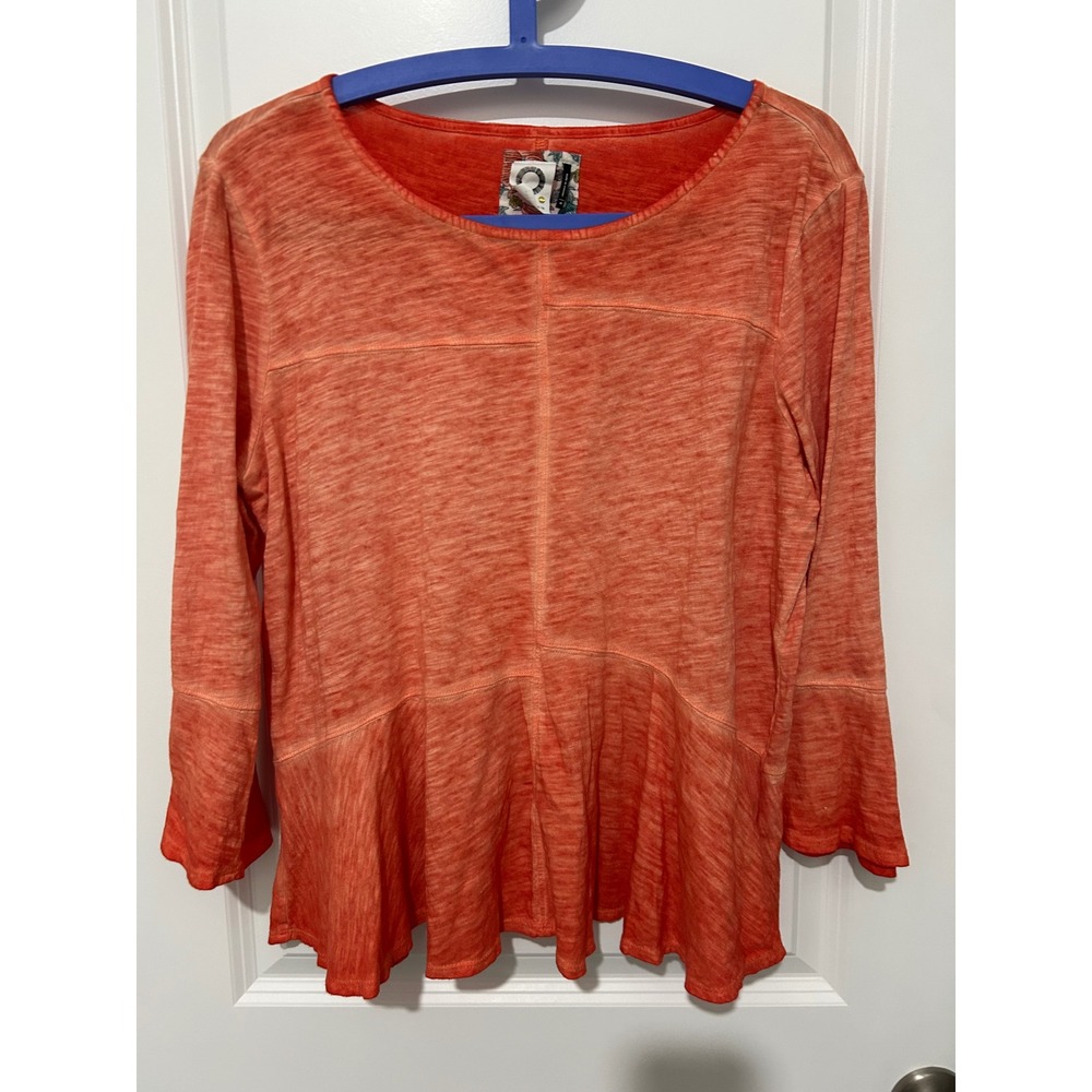 Akemi + Kin Orange Burnout Stripe Peplum Long Sleeve Top Women's M